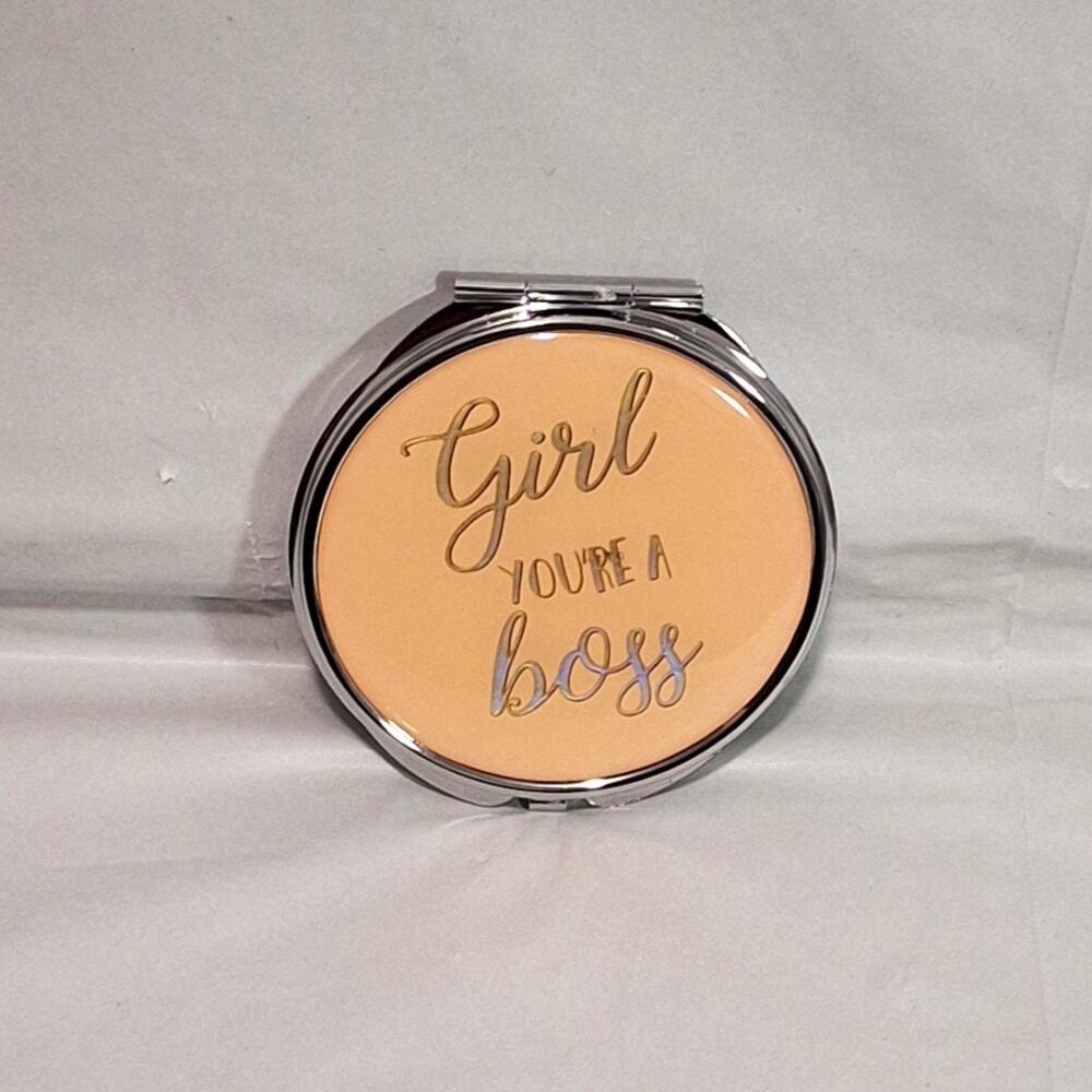 “Girl You’re a Boss” Peach Round Makeup Mirror – Unbranded